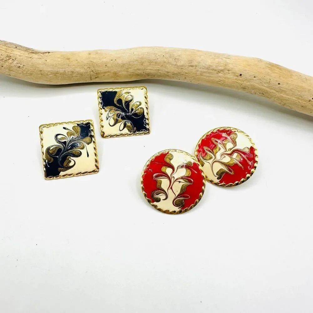 Vintage Enamel Statement Earrings-Red & Navy Florals, Gold-Tone Backs-2 Pairs